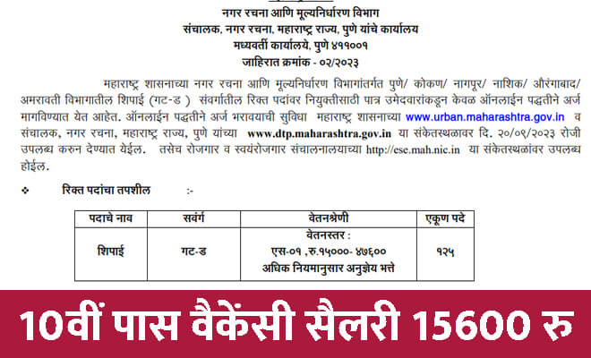 महाराष्ट्र भृत्य भर्ती 2023: दसवीं पास में चपरासी की 125 पदों पर नोटिफिकेशन जारी, सैलेरी 15000 से 47600 रूपये