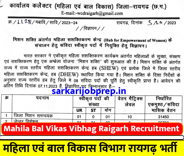 Mahila Bal Vikas Vibhag Raigarh Vacancy