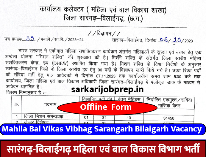 Mahila Bal Vikas Vibhag Sarangarh Bilaigarh Recruitment