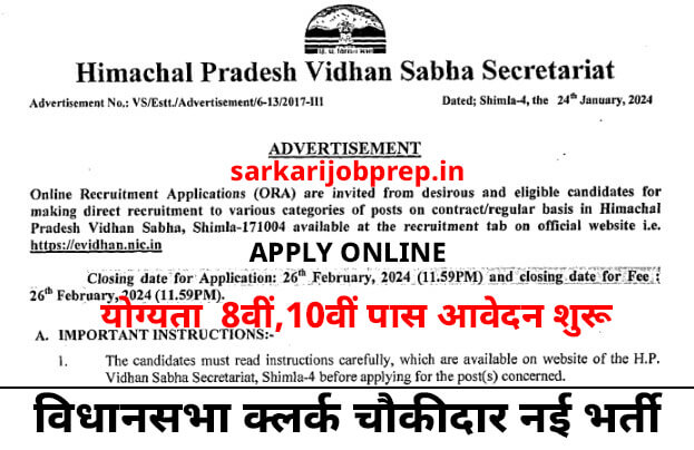HP Vidhansabha Chowkidar Clerk Recruitment 2024