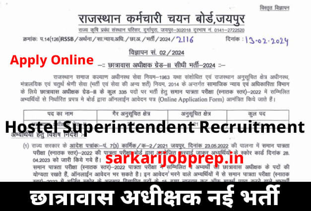 Rajasthan Hostel Superintendent Recruitment 2024